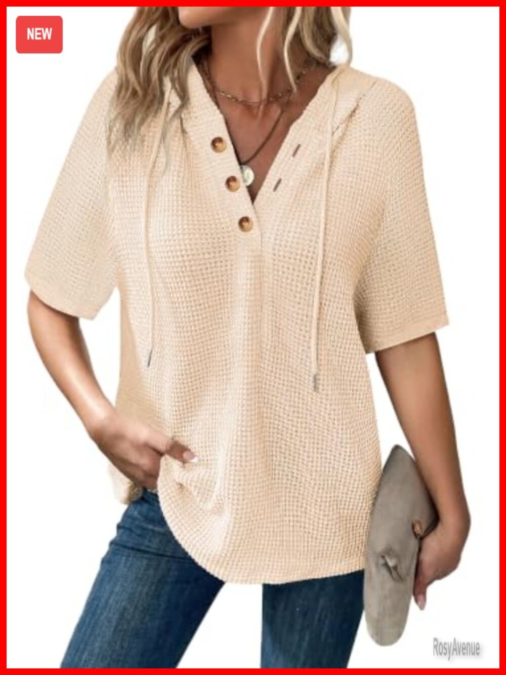 Waffle Knit Hoodie Womens Oversized V-Neck Short Sleeve Drawstring Pullover